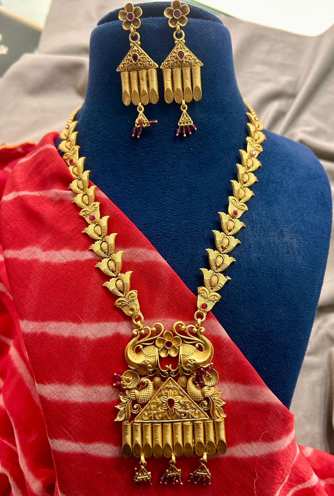 Antique Peacock Temple Necklace with Hanging Pendant & Earrings